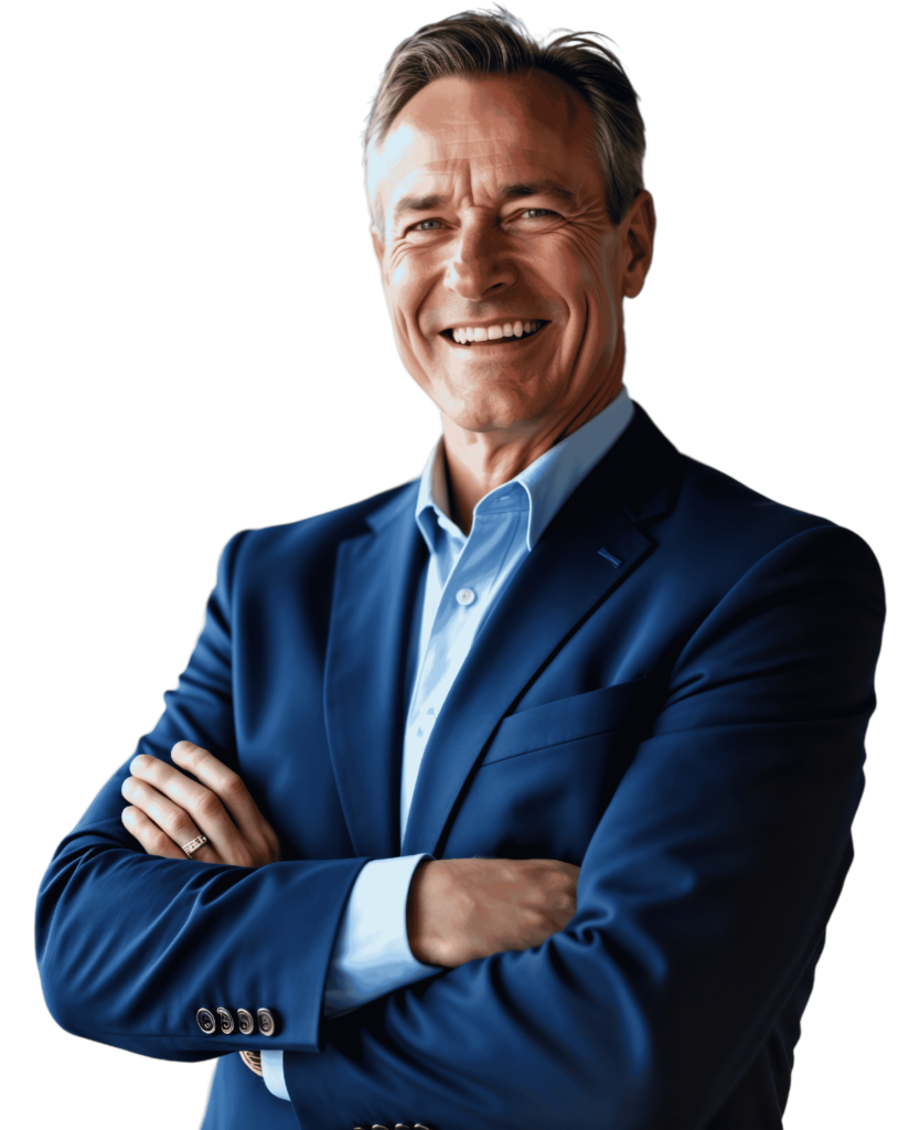 Male owner-investor staffing franchise owner, standing confidently with arms crossed.